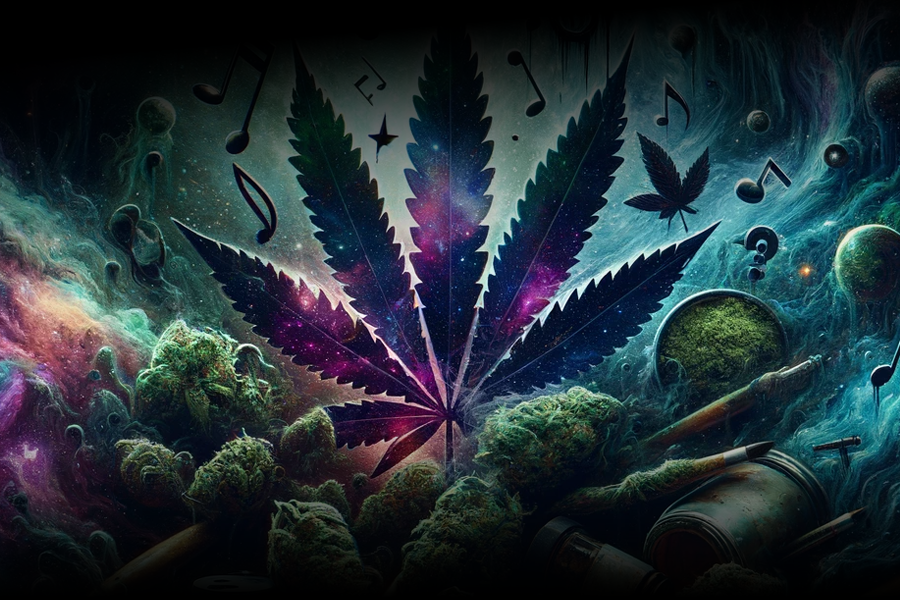 Depiction of cannabis culture, weed leaf shown as source of inspiration